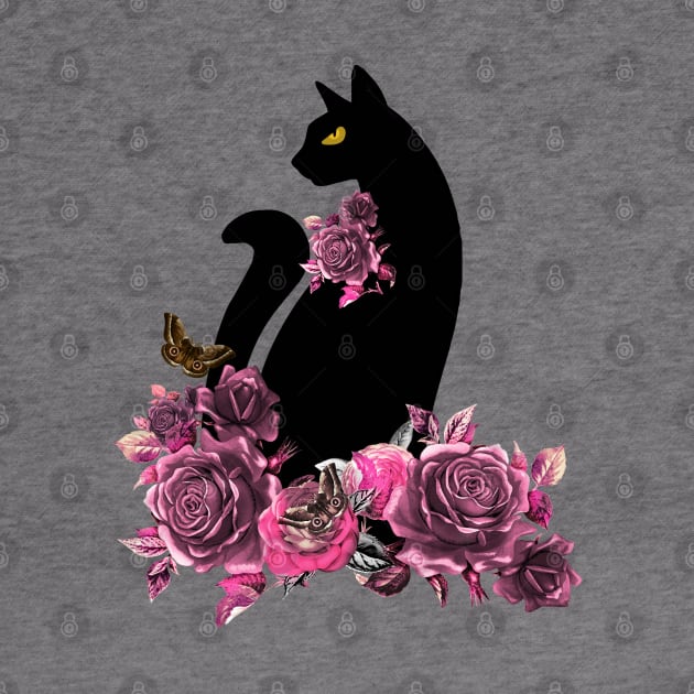 black color cat with butterfly moth and flowers, cats lovers design by Collagedream